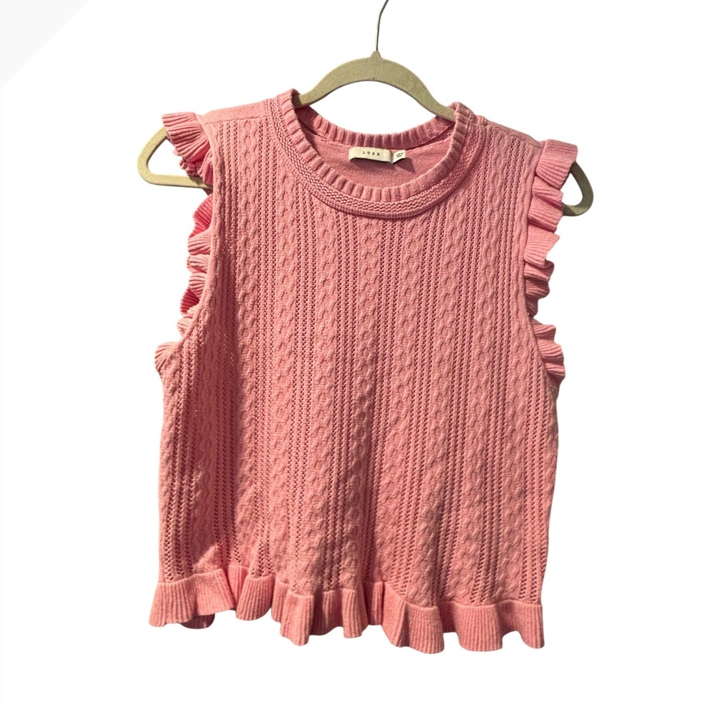 LUSH Pink Cable Knit Ruffle Trim Sweater Vest Sleeveless Top Large - Picture 2 of 8